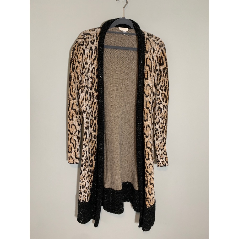 Chico's Cardigan‎ Sweater Women Size 1 Tan Black Leopard Print Metallic Trim